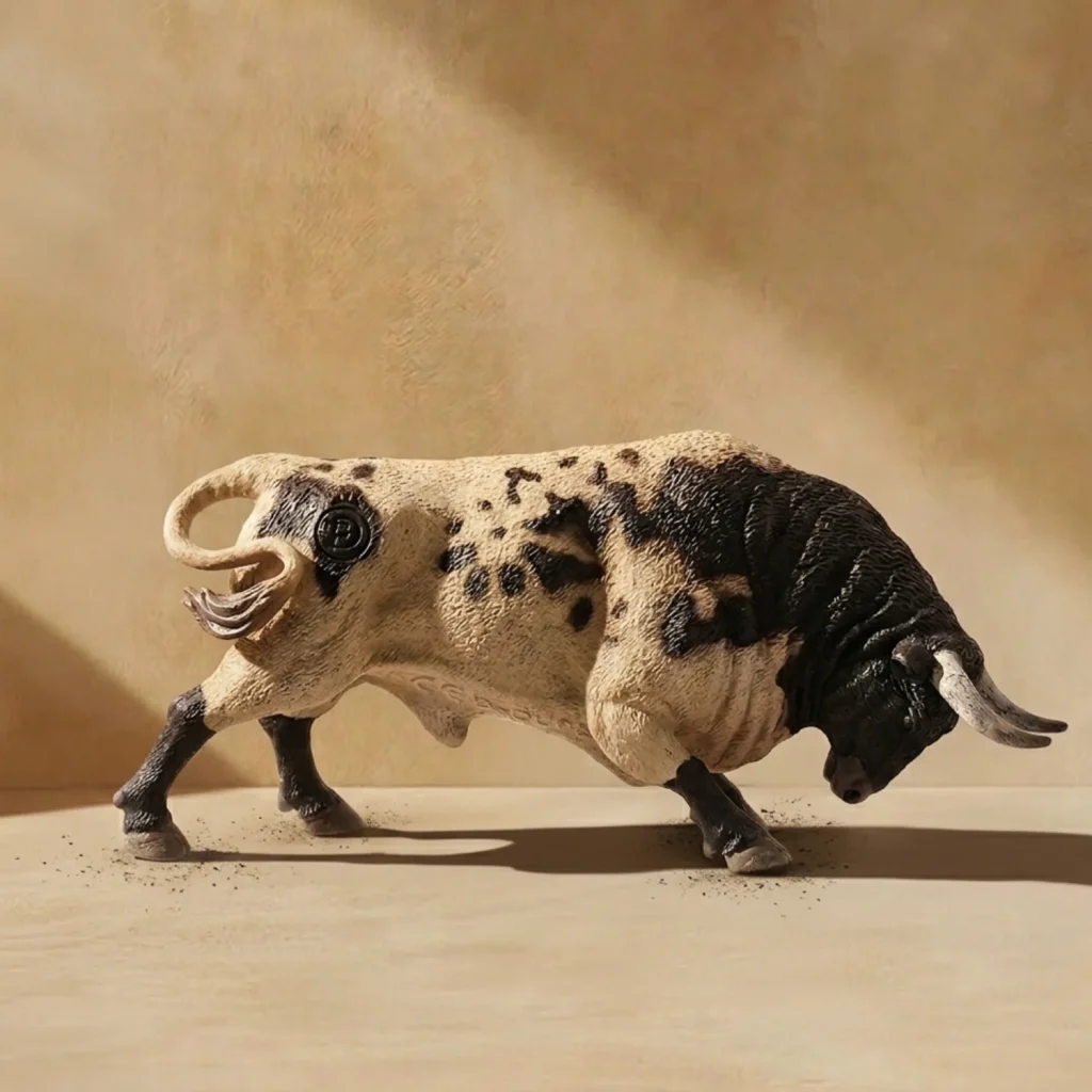 Toro agachado berrendo negro miniatura